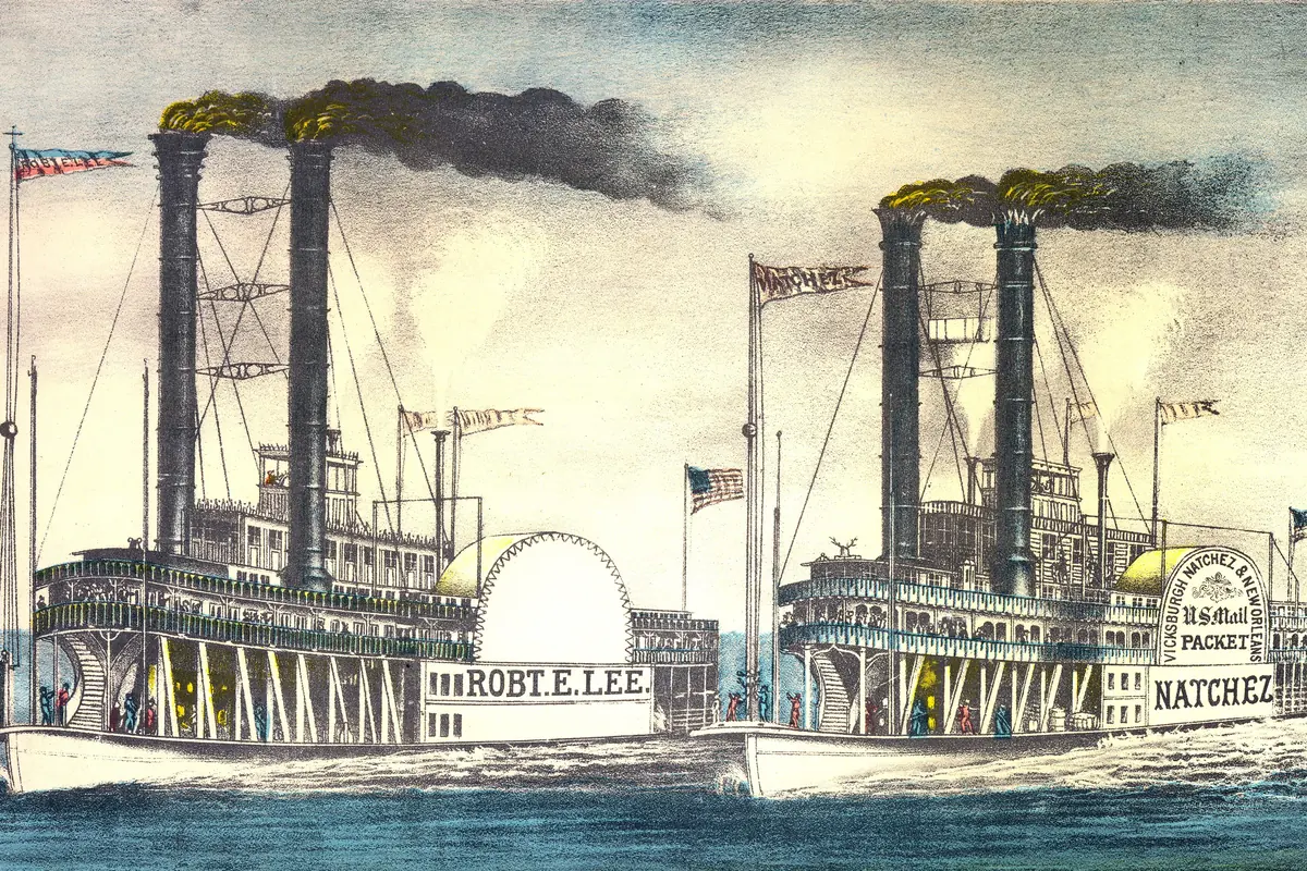 Раскрашенная вручную литография Currier and Ives: две гонки пароходов, Robert E. Lee и Natchez, с чёрным дымом из труб